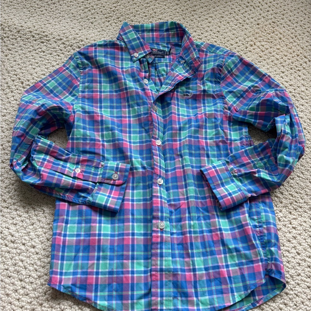 Vineyard Vines Boys Plaid Button-Down Shirt in Blue, Green & Pink